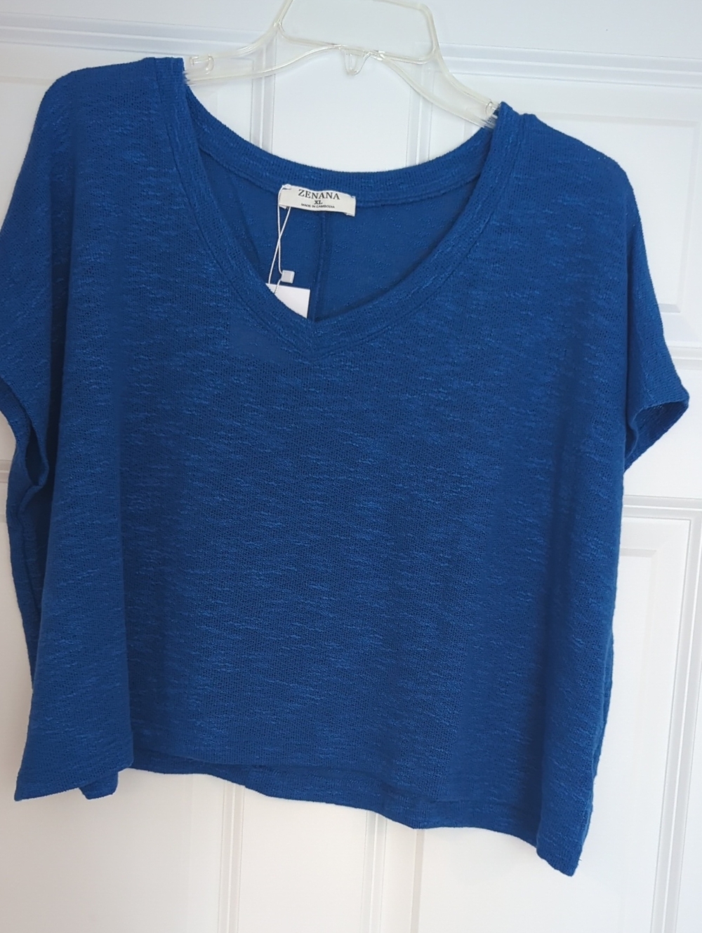 Zenana Outfitters Slub V-Neck Boxy Tee in Blue